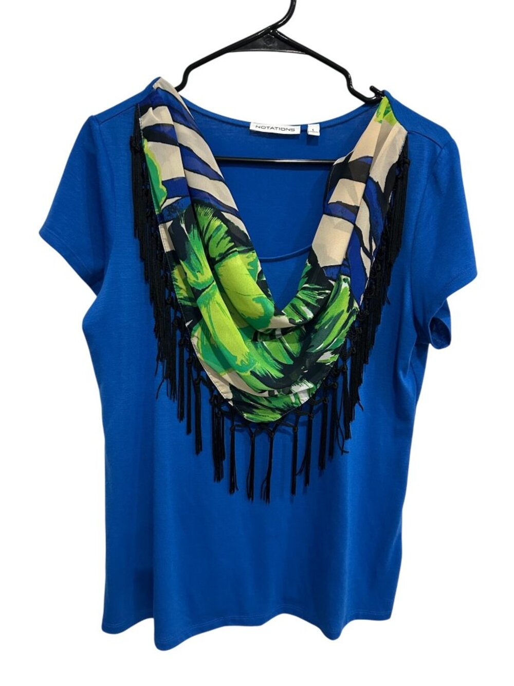 Notations Womens Blue Faux Scarf Fringe Knit Top Size L Statement Style Eclectic